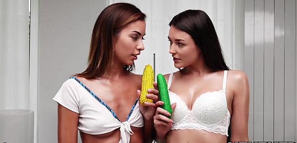  Cucumber and Banana in creamy pussy of two girls